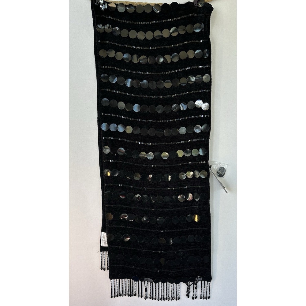 Borgata Table Runner Beaded Sequined Tassels 14x72 Black NWT